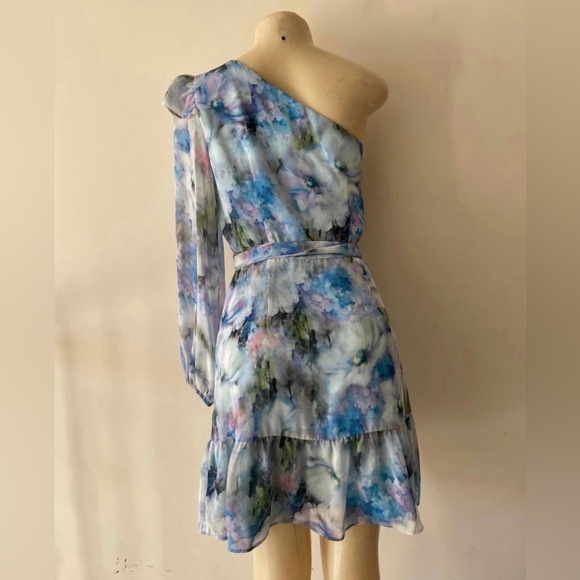 Alex Marie Blue Floral Print One Shoulder Long Sleeve Tie Waist Chiffon Dress - Picture 4 of 5
